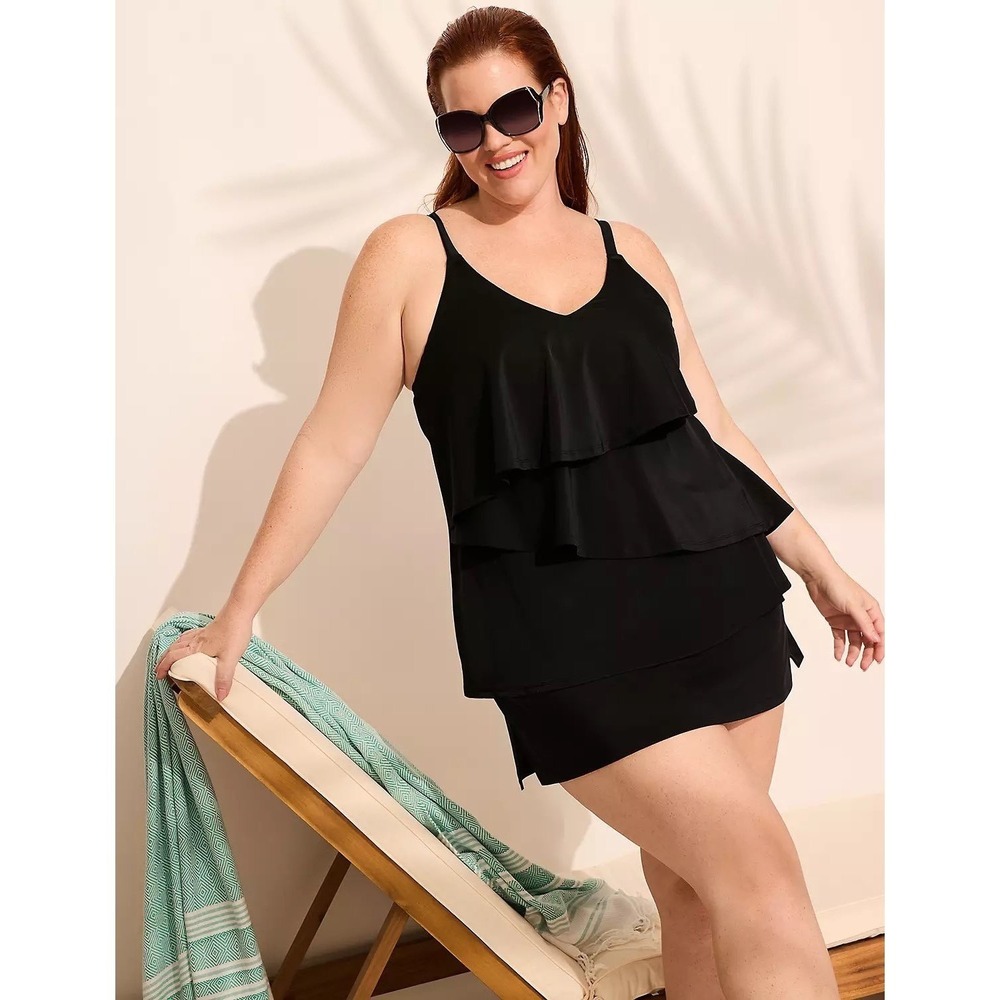 Cacique Swim Black Tiered Tankini Top Size 18 Black A-line Layered Ruffles Swim